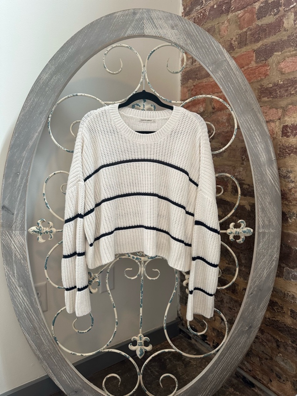 moon & madison Ivory Crewneck Sweater with Navy Stripes